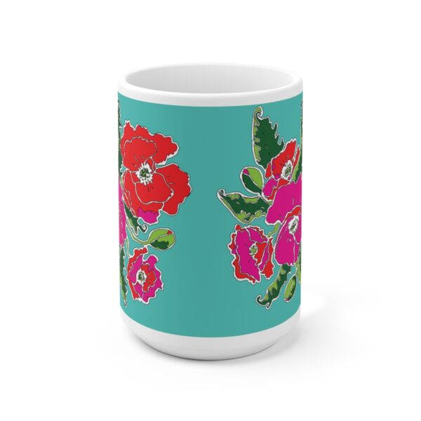 Mod Red and Hot Pink Poppies - White Ceramic Mug 15oz - Image 2