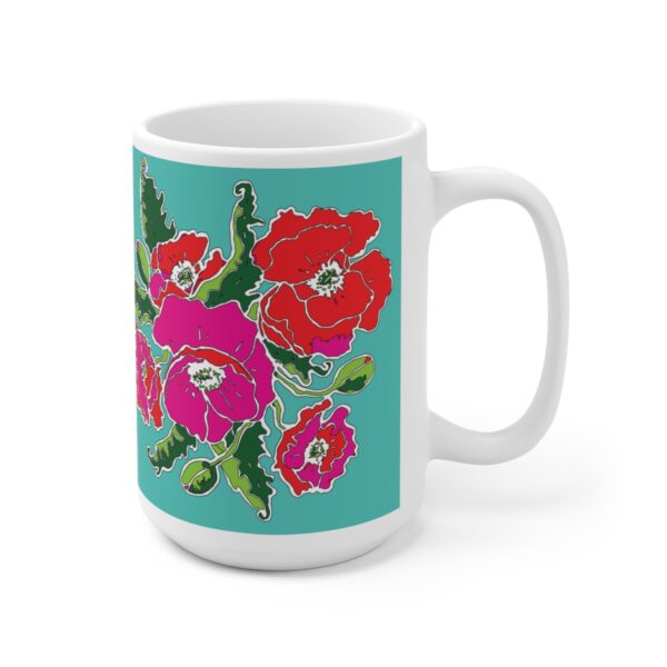 Mod Red and Hot Pink Poppies - White Ceramic Mug 15oz - Image 3