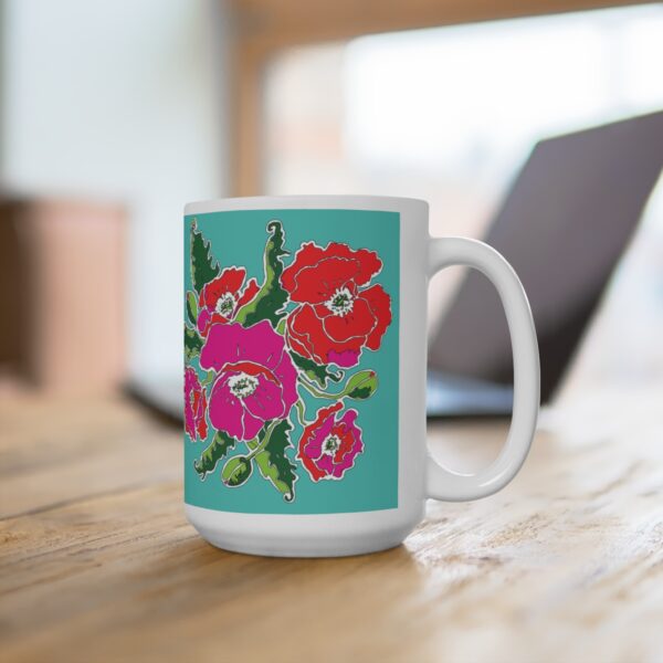 Mod Red and Hot Pink Poppies - White Ceramic Mug 15oz - Image 4