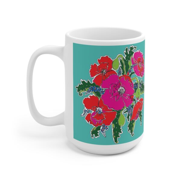 Mod Poppies with Blue Forget Me Nots- White Ceramic Mug 15oz