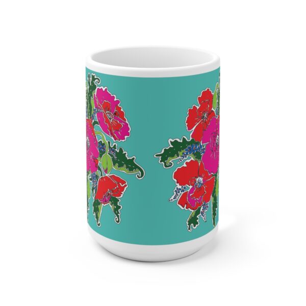 Mod Poppies with Blue Forget Me Nots- White Ceramic Mug 15oz - Image 2