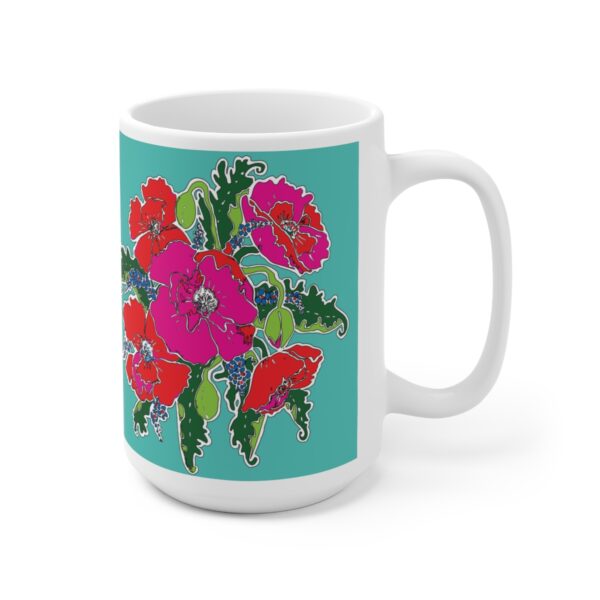 Mod Poppies with Blue Forget Me Nots- White Ceramic Mug 15oz - Image 3