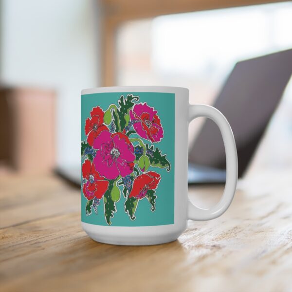 Mod Poppies with Blue Forget Me Nots- White Ceramic Mug 15oz - Image 4